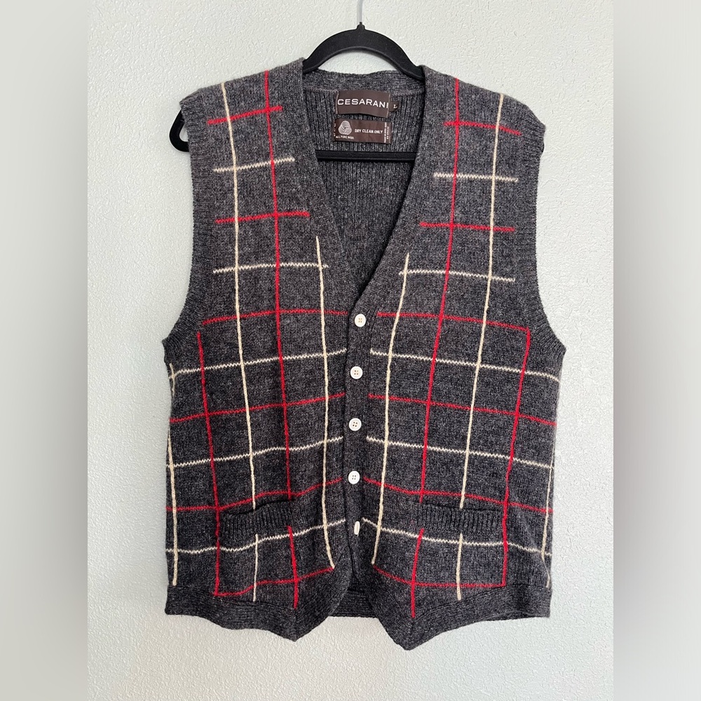 Cesarani All Pure Wool Gray Plaid Vest Size Large